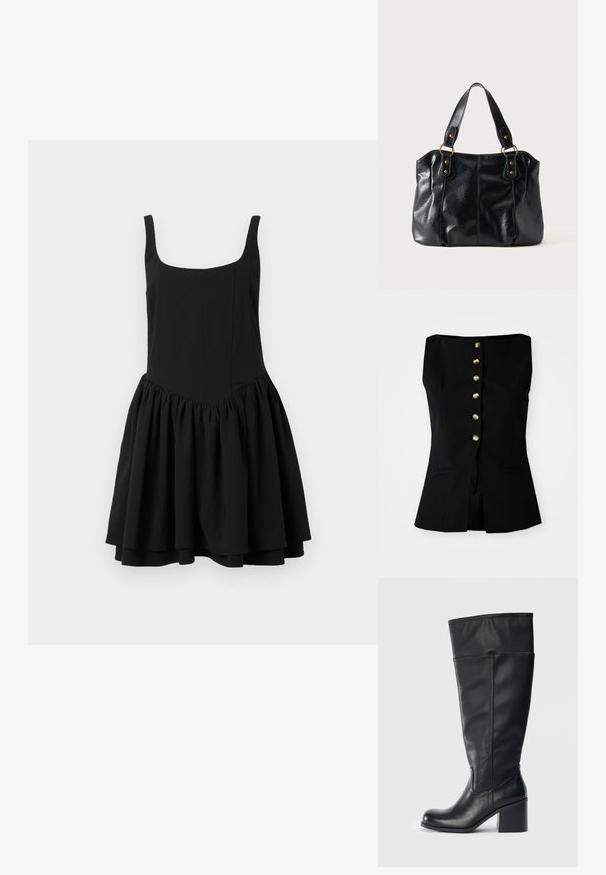 Top negro sin mangas con escote recto, que presenta un cierre frontal de seis botones en material metálico y bolsillos laterales. Ajuste entallado.; Vestido negro sin mangas con escote cuadrado, cuerpo ajustado y falda acampanada y fruncida; textura suave y color sólido.; Botas de cuero negras hasta la rodilla con tacón cuadrado, textura suave y detalle de costura a lo largo de los lados. Diseño simple y moderno.; Bolso de cuero negro para el hombro con doble asa unida por anillas y remaches dorados, superficie lisa y ligeramente brillante, diseño sencillo.