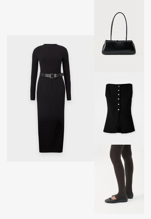 Top negro sin mangas con escote recto, que presenta un cierre frontal de seis botones en material metálico y bolsillos laterales. Ajuste entallado.; Vestido midi negro de manga larga con cuello redondo y silueta ajustada, que cuenta con un cinturón ancho negro con hebilla rectangular plateada.; Piernas con leggings oscuros acanalados combinados con bailarinas negras que presentan pequeños detalles de lazo sobre un fondo blanco.; Bolso de hombro rectangular negro con correas largas y delgadas y una textura lisa y brillante sobre un fondo liso.