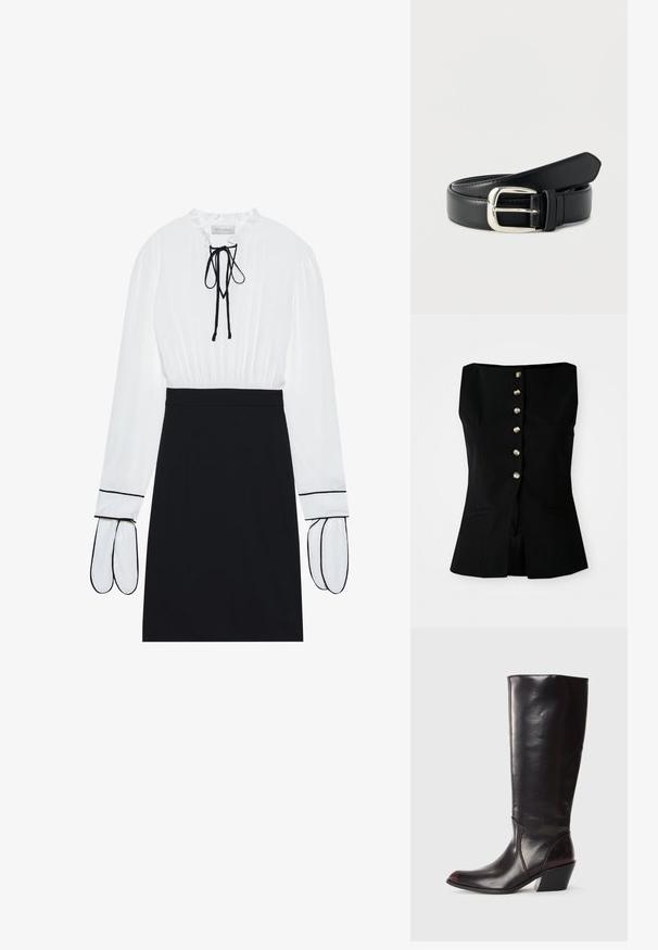 Top negro sin mangas con escote recto, que presenta un cierre frontal de seis botones en material metálico y bolsillos laterales. Ajuste entallado.; Blusa blanca con escote fruncido y cordón; falda negra ajustada con ribetes blancos en las mangas. Textura de tejido suave.; Bota de cuero marrón oscuro hasta la rodilla con punta afilada, tacón angular y textura suave y brillante. Presenta un diseño limpio y detalles de costura.; Cinturón de cuero negro con hebilla rectangular plateada, enrollado y descansando sobre una superficie blanca.