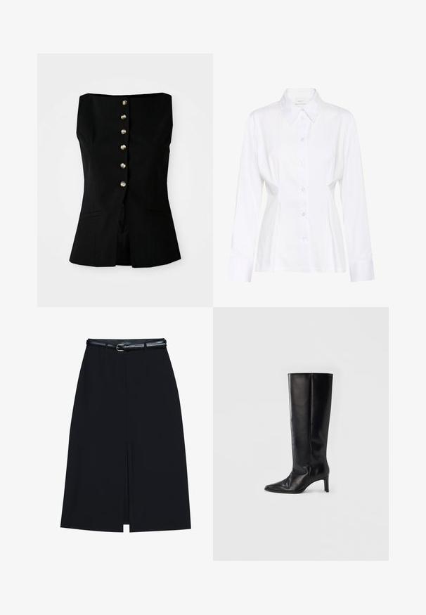 Top negro sin mangas con escote recto, que presenta un cierre frontal de seis botones en material metálico y bolsillos laterales. Ajuste entallado.; Blusa blanca de manga larga con botones, cuello puntiagudo, cintura ajustada y etiqueta visible de la marca "Gestuz" en el interior del cuello.; Falda negra hasta la rodilla con una abertura en la parte delantera, hecha de tejido suave. Presenta un delgado cinturón negro con una hebilla plateada y pasadores para el cinturón.; Botas negras hasta la rodilla hechas de cuero suave, con punta puntiaguda y tacón delgado, con caña ajustada y diseño minimalista.