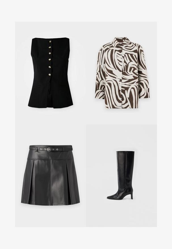 Čierny top bez rukávov s rovnou výstrihom, ktorý má predné zapínanie na šesť kovových gombíkov a bočné vrecká. Strih prispôsobený postave.; Hnedo-biely košeľový dres s vlnkovým vzorom. Vyrobený z textúrovaného materiálu s golierom a jednou náprsní kapsou.; Čierna plisovaná sukňa z imitácie kože, ktorá má priliehavý pás s opaskom a strieborné kovové doplnky. Hladká textúra.; Čierne čižmy po kolená z hladkej kože, so špicatou špičkou a úzkym podpätkom, s priliehavou časťou na nohe a minimalistickým dizajnom.