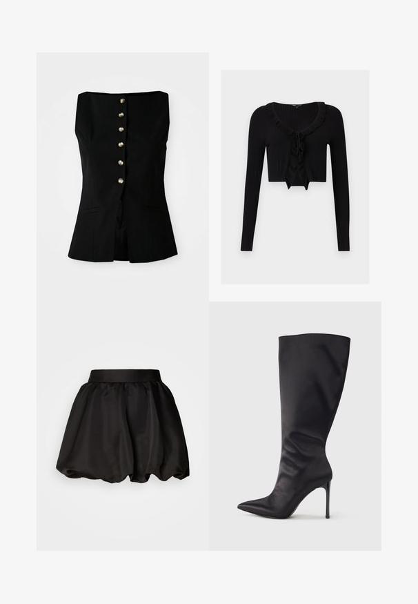 Top negro sin mangas con escote recto, que presenta un cierre frontal de seis botones en material metálico y bolsillos laterales. Ajuste entallado.; Cardigan negro corto de canalé con mangas largas, escote con volantes y detalle de lazo delantero.; Falda de satén negra con una cinturilla ancha, que presenta una forma burbuja volumétrica. Textura suave sin patrones visibles ni detalles de hardware.; Bota negra hasta la rodilla con tacón de aguja, hecha de material liso y elegante; punta puntiaguda; ajuste ceñido con un sutil fruncido cerca del tobillo; tacón brillante.