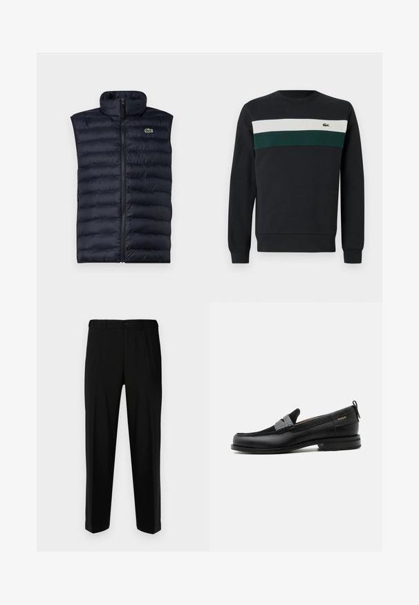Marine blauwe gewatteerde vest met hoge kraag, ondoorzichtige rits aan de voorkant en horizontaal gestikt patroon. Heeft een klein groen logo aan de bovenkant van de linkerkant.; Donkere sweatshirt met een zwarte basis, voorzien van groene en witte horizontale strepen op de borst en een klein geborduurd logo aan de linkerkant.; Zwarte broek van gladde stof, met een rechte snit, twee voorzakken en een ritssluiting met knoopsluiting.; Zwarte leren loafer met grijs riemdetailelement, lage hak en gestructureerde zool, aan de zijkant gebrandmerkt met "HUGO" in goud.