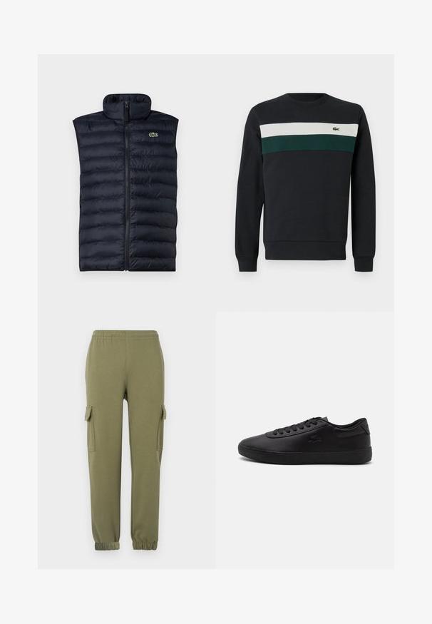 Chaleco de plumas de color marino con cuello alto, cremallera frontal y patrón de acolchado horizontal. Presenta un pequeño logo verde en la parte superior izquierda.; Sudadera oscura con base negra, con rayas horizontales verdes y blancas en el pecho y un pequeño logo bordado a la izquierda.; Pantalones cargo de tela liviana en color verde oliva, con bolsillos laterales, cintura elástica y puños ajustados para un ajuste ceñido.; Zapatillas de cuero negro con puntera redondeada, suela de goma plana y cordones a juego. Presentan un discreto logo grabado en el lado y en la parte trasera.