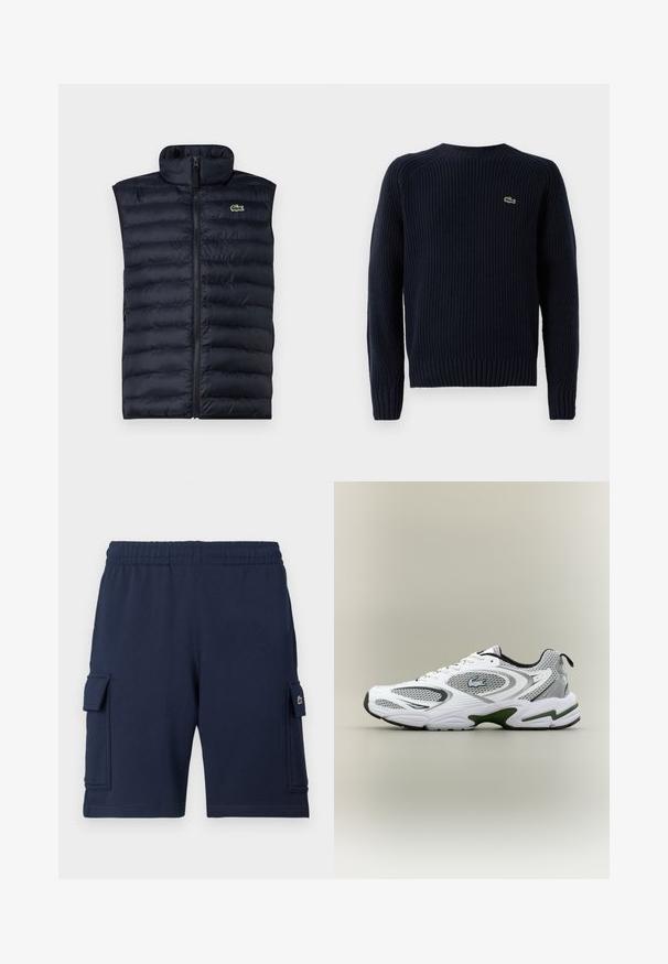 Marineblå puffervest med høj krave, frontlynlås og vandret quiltet mønster. Har et lille grønt logo øverst til venstre.; Mørkeblå strikket sweater med ribbet tekstur, rund hals og langærmer. Har et lille grønt logo på den øverste venstre ryg.; Marineblå cargoshorts lavet af blødt stof, med elastisk taljebånd, to sidelommer og et lille logo på venstre lomme.; Hvid og grå sporty løbesko med mesh-paneler, grønne detaljer, sorte elementer og et logo på siden, vist fra ydersiden.