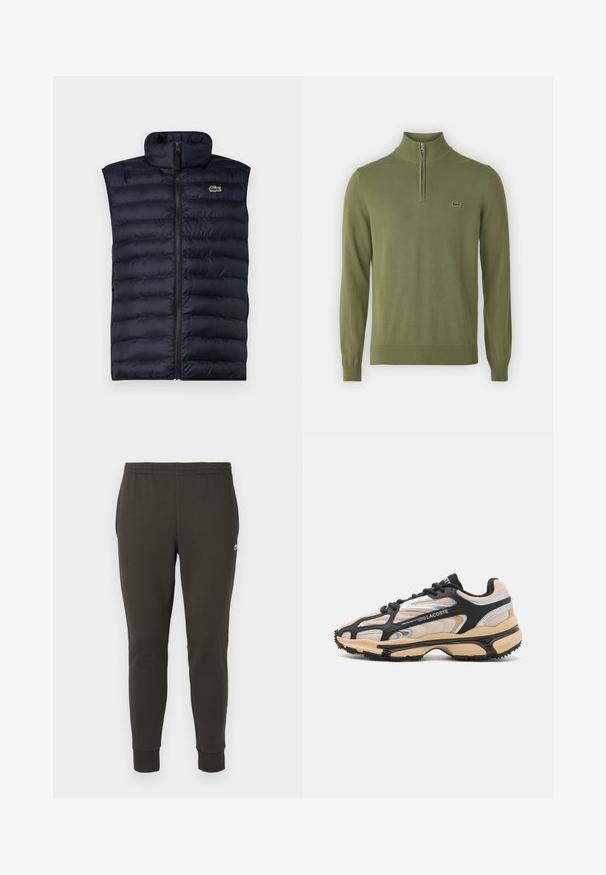 Veste matelassée marine avec col montant, fermeture éclair à l'avant et motif matelassé horizontal. Présente un petit logo vert sur le côté supérieur gauche.; Pull-over en vert olive fabriqué en tissu doux, doté d'un col zippé quart, de poignets et d'un ourlet côtelés, avec un petit logo sur la poitrine.; Jogging en vert foncé en tissu doux, avec une taille élastique, des poignets côtelés et un petit logo sur le côté.; Baskets Lacoste en noir, beige et argent. Comprend des matériaux en maille et synthétiques, un bout arrondi, des lacets et une semelle en caoutchouc texturée.