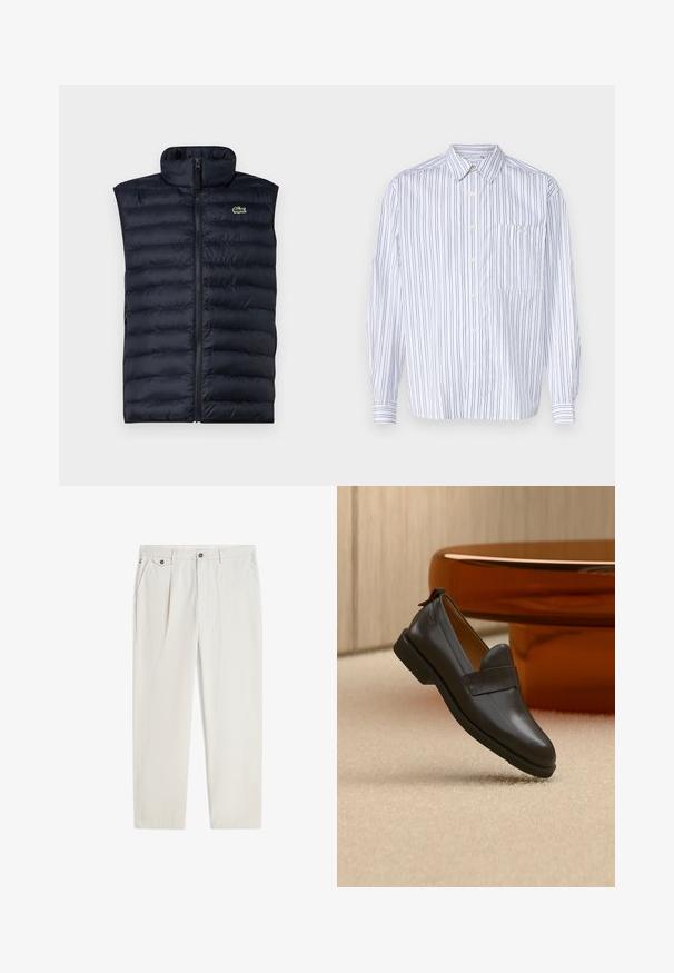 Veste matelassée marine avec col montant, fermeture éclair à l'avant et motif matelassé horizontal. Présente un petit logo vert sur le côté supérieur gauche.; Chemise blanche à boutons avec des rayures verticales bleu marine, manches longues, une poche poitrine et un col classique. Tissu lisse avec une coupe décontractée.; Pantalon beige décontracté avec passants pour ceinture, bouton et fermeture éclair à l'avant, poches latérales et petite poche à rabat avec bouton sur le côté droit.; Mocassin en cuir noir à talon bas flottant au-dessus d'un tapis beige, à côté d'une table brillante couleur ambre dans une pièce minimaliste.