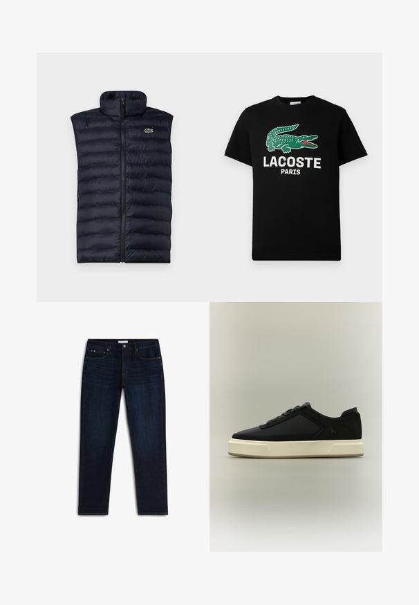 Chaleco de plumas de color marino con cuello alto, cremallera frontal y patrón de acolchado horizontal. Presenta un pequeño logo verde en la parte superior izquierda.; Camiseta de algodón negra con un logo de cocodrilo verde y el texto "LACOSTE PARIS" en blanco. Manga corta y cuello redondo clásico.; Vaqueros de pierna recta de color azul oscuro con cinco bolsillos, cierre de botón y cremallera, y un leve desgaste en la parte frontal del muslo.; Zapatilla deportiva negra de corte bajo con suela blanca gruesa, cordones en la parte delantera y el logo sutil "cK" en el lateral.