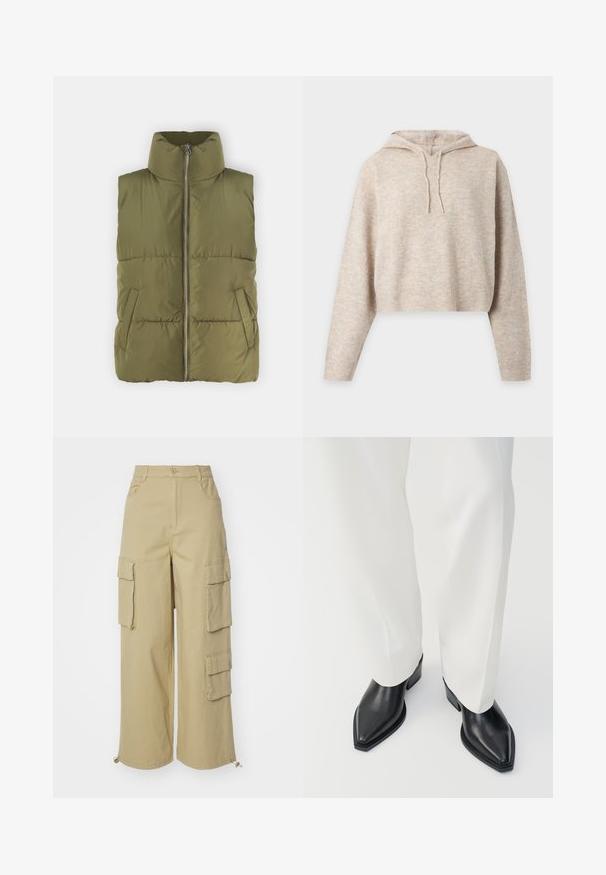 Olivgrüne Steppweste mit hohem Kragen, Frontreißverschluss und seitlichen Taschen. Detailliert mit gesteppter Textur und gepolstertem Design für Isolierung.; Beiger gestrickter Cropped-Hoodie mit langen Ärmeln und Kordeln, dargestellt vor einem schlichten hellen Hintergrund.; Beige Cargo-Hose mit weitem Bein, zwei großen Seitentaschen, Vordertaschen und einem Kordelzugdetail am Saum. Baumwoll-Mischgewebe.; Schwarze spitz zulaufende Stiefeletten aus glattem Leder mit flachen Blockabsätzen, kombiniert mit weißen, weiten Hosen. Schlichtes und modernes Design.