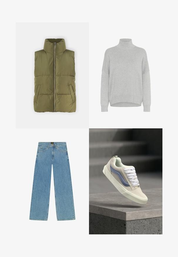 Olivgrüne Steppweste mit hohem Kragen, Frontreißverschluss und seitlichen Taschen. Detailliert mit gesteppter Textur und gepolstertem Design für Isolierung.; Hellgrauer Rollkragenpullover aus weichem Material, mit lässiger Passform, gesenkten Schultern und gerippten Bündchen. Subtile, glatte Textur.; Lee RIDER dunkelblau; Beiger Sneaker mit weißen Schnürsenkeln und blauem Seitenstreifen, der über einer Betonbrüstung hängt, mit verschwommenen grauen Treppen im Hintergrund.