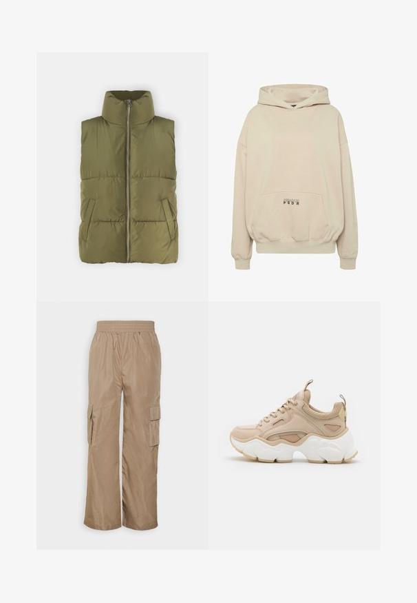 Olivgrüne Steppweste mit hohem Kragen, Frontreißverschluss und seitlichen Taschen. Detailliert mit gesteppter Textur und gepolstertem Design für Isolierung.; Beiger Hoodie mit Fronttasche, gerippten Bündchen und Kordelzugkapuze. "PECADOR PGDR" Schriftzug auf dem Taschenbereich.; Even&Odd by Zalando Cargohose - beige; Beige Sneaker mit einer Mischung aus glatten und strukturierten Materialien, einer klobigen weißen Sohle und Netzdetails für Atmungsaktivität.