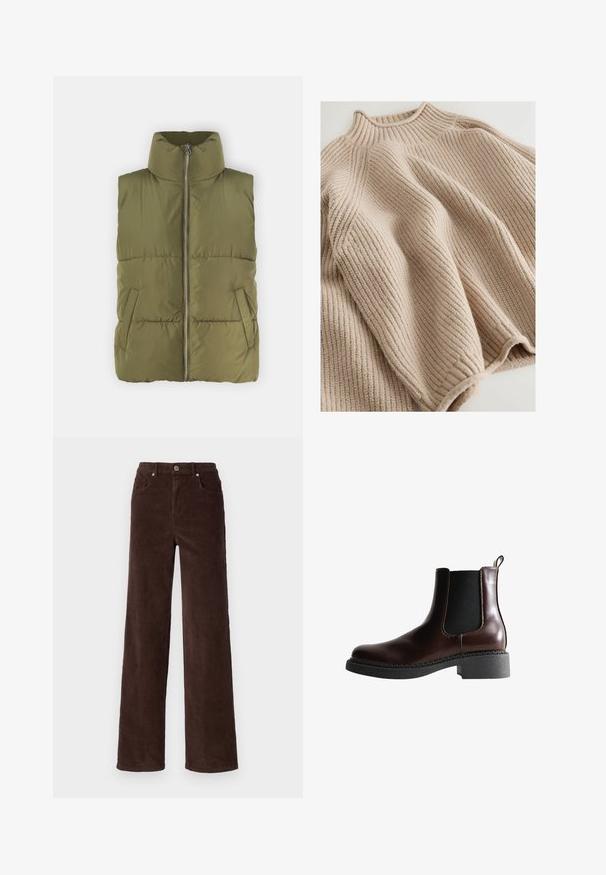 Olivgrüne Steppweste mit hohem Kragen, Frontreißverschluss und seitlichen Taschen. Detailliert mit gesteppter Textur und gepolstertem Design für Isolierung.; Gestrickter Pullover in hellbeige mit geripptem Textur, der einen hohen Kragen und eine weite, lockere Silhouette aufweist. Akzentuiert durch strukturierte Nähte.; Vero Moda VMTESSA WIDE PANTS - Stoffhose - chocolate torte; Braune Leder-Boots mit elastischen Seitenteilen, runder Spitze und einer strukturierten schwarzen Gummisohle. Verfügt über kontrastierende Nähte und eine Ziehlasche.