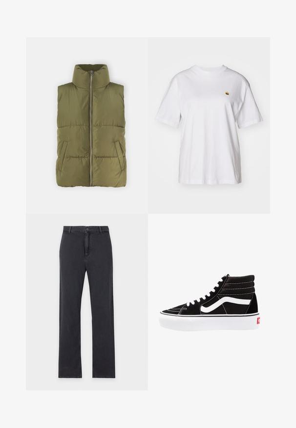 Olivgrüne Steppweste mit hohem Kragen, Frontreißverschluss und seitlichen Taschen. Detailliert mit gesteppter Textur und gepolstertem Design für Isolierung.; Weißes Baumwoll-T-Shirt mit lockerem Schnitt, kurzen Ärmeln und einem kleinen gestickten Logo auf der linken Brustseite.; Schwarze Jeans mit geradem Bein, vorderem Knopf- und Reißverschluss, Gürtelschlaufen und klassischem Fünf-Taschen-Design, flach auf weißem Hintergrund liegend.; Schwarze High-Top-Sneaker mit weißen Schnürsenkeln, einem weißen Logo und kontrastierendem weißen Nähten. Verfügt über eine dicke weiße Sohle und ein strukturiertes Wildleder-Obermaterial.