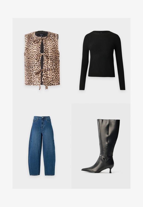 Leopardimustriga ilma varrukateta blousee, millel on sidumisefekt, pehmest kangast, ümar kaelus ja kontrastsed mustad detailid ees.; Mustmustriibuline must pikavarsiline sobiv sviiter ümmarguse kaelusega, esitatud helehallil taustal.; Keskmise sinise tooniga teksad, millel on kõrge talje, lai jalaliik ja standardne viie taskuga disain koos nähtavate õmbluste detailidega.; Mustad põlvekõrgune nahast saabas terava nina ja madala kitsa kontsaga, esitatud lihtsal heledal taustal.