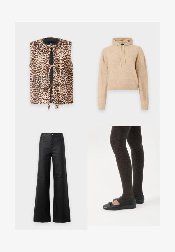 Leopardimustriga ilma varrukateta blousee, millel on sidumisefekt, pehmest kangast, ümar kaelus ja kontrastsed mustad detailid ees.; Beež krobitud kudumisega kapuutsiga sviiter, millel on pikad varrukad ja nöör, esitleb valgel taustal.; Mustad laiad mustad teksad, mis on valmistatud siledast denimist, nuppude sulgemise, ees olevate taskute ja kõrge vöökohaga disainiga.; Jalad seljas tumedad soonelises soonelises kombines mustade baleriinadega, millel on väikesed paelade detailid valgel taustal.