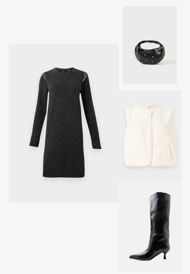 Chaleco de forro polar en color crema, diseño sin mangas, con botones frontales y bolsillos laterales. Textura suave con un forro interior liso.; Vestido de punto gris oscuro de manga larga con escote redondo y pequeñas embellishments de perlas en los hombros, corte recto a la altura de la rodilla.; Bota negra de cuero brillante hasta la rodilla con punta puntiaguda y tacón bajo curvado sobre un fondo claro y liso.; Bolso de mano de cuero negro con forma redondeada, decorado con detalles de tachuelas plateadas y un asa corta. Textura lisa y cierre con cremallera.