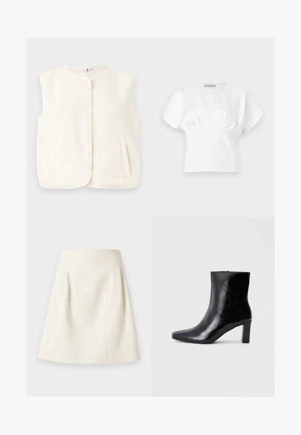 Chaleco de forro polar en color crema, diseño sin mangas, con botones frontales y bolsillos laterales. Textura suave con un forro interior liso.; Top blanco de manga corta con escote en V y diseño plisado. Fabricado con tela suave, presenta un ajuste estructurado y un estilo minimalista.; Minifalda línea A en color blanco roto con textura, cintura alta y discretas costuras verticales para moldear la figura.; Botín negro de tobillo hecho de cuero brillante, con punta afilada y un tacón de bloque medio, con una textura suave y un diseño sencillo.