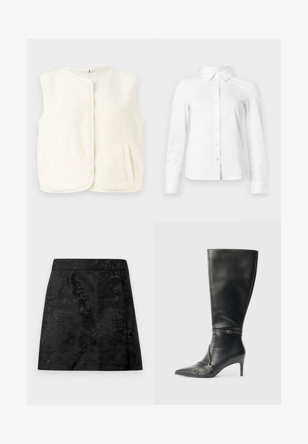 Fleece vest in crèmekleur, mouwloos ontwerp, met voor knopen en zijzakken. Zachte textuur met een gladde binnenvoering.; Witte blouse met lange mouwen en knopen, met puntige kraag, rechte zoom en aansluitende silhouet, weergegeven op een effen lichte achtergrond.; Zwarte rok met een bloemenpatroon, gladde textuur en een getailleerde pasvorm. Heeft een tailleband en een rechte snit met een lichte flare.; Zwarte leren kniehoge laarzen met een slanke hak, puntige neus en banddetail bij de enkel. Gladde textuur en aansluitend ontwerp.