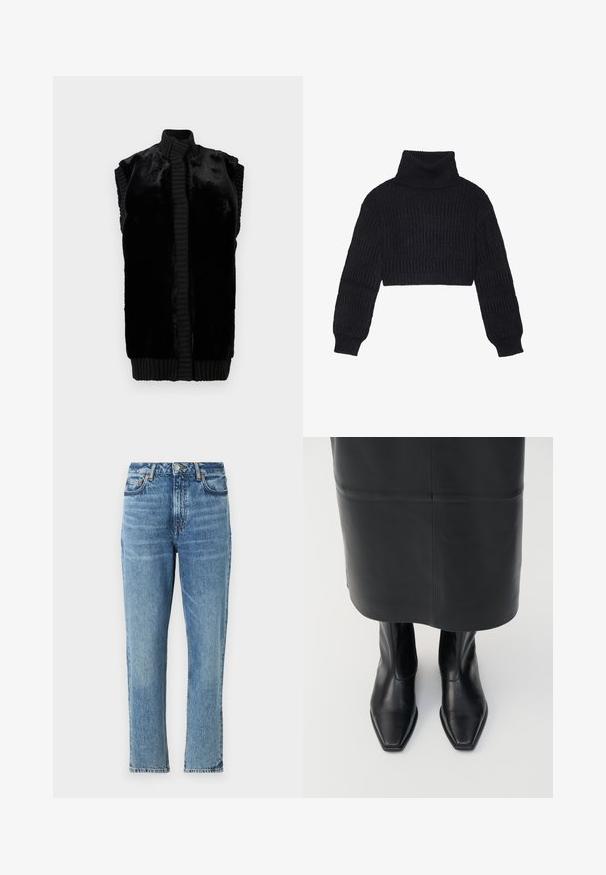 Sort ærmeløs vest lavet af blødt kunstpels med en ribbestrikket krave og fald, der har en lige silhuet og ingen synlige lukninger.; Afklippet sort sweater med høj halsudskæring, der har et struktureret ribbet mønster og lange, puffede ærmer.; Lyseblå denimjeans med høj talje, lige ben og slidt tekstur. Udstyret med sølvhardware og kontrasterende syninger.; Sorte læder støvler med høj ankel, firkantet tådesign og sideskilt. Glat tekstur og minimal hardware; sammen med en sort lædernederdel.