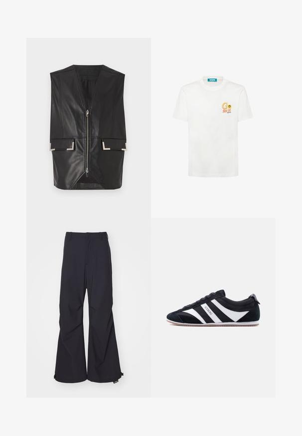 Zwarte leren vest met een V-hals, ritssluiting aan de voorkant en twee vierkante zakken met accent. Glad oppervlak en gestructureerd ontwerp.; Wit T-shirt met korte mouwen met tekst "Go for it!" en een gele smiley op de linkerborst, voorzien van een blauwe "BARROW" neklabel.; Marineblauwe wide-leg broek van een gladde stof, met twee voorzakken en een verstelbare trekkoord aan de zoom. Schoon en op maat gemaakt ontwerp zonder versieringen.; Zwarte lage sneaker met witte zijstrepen, suède neus en "ICEBERG" gedrukt op de middelste streep, platte rubberen zool, vetersluiting.