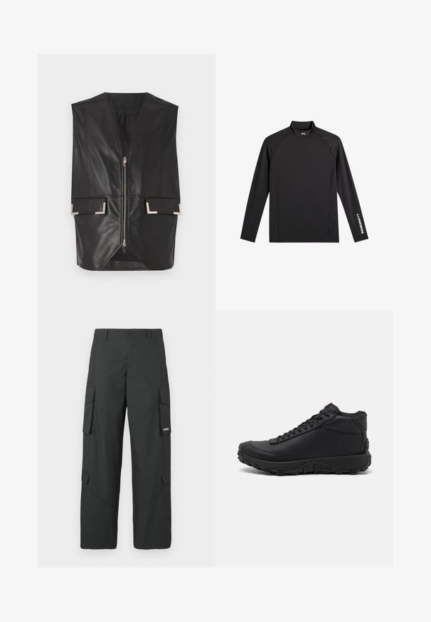 Zwarte leren vest met een V-hals, ritssluiting aan de voorkant en twee vierkante zakken met accent. Glad oppervlak en gestructureerd ontwerp.; Zwart sporttopje met lange mouwen, opstaande kraag, slim fit en witte "J.Lindeberg"-logo op linkerarm en kraag.; Zwarte cargo broek met rechte pijpen, zijflapzakken, knoopsluiting, riemlussen en een klein wit logo op de flap van de rechterzak.; Zwarte high-top sneakers van gestructureerd leer, voorzien van een dikke rubberen zool met grippatronen en een vetersluiting. Rode accenten op de tong.