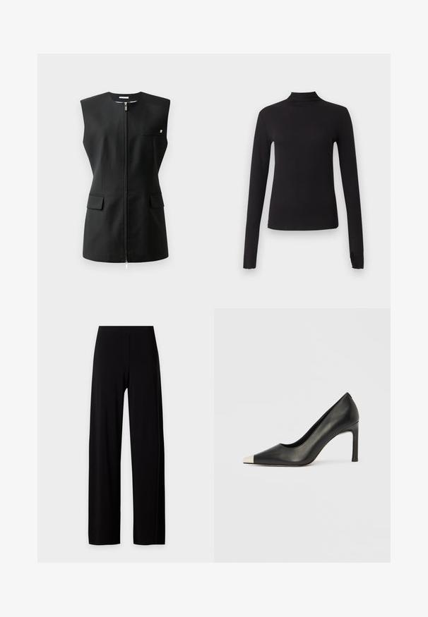 Veste sans manches noire avec fermeture éclair à l'avant, deux poches avant et un petit détail accentué. Fabriquée en tissu lisse.; Haut noir ajusté à manches longues avec col montant, présenté sur un fond gris clair uni.; Pantalon noir taille haute à jambes larges avec un devant lisse sans poches ni ornements visibles.; Chaussure à talon haut en cuir noir avec bout pointu et capuchon argenté métallique. Présente une finition lisse et un talon fin de 10 cm.