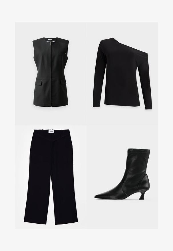 Veste sans manches noire avec fermeture éclair à l'avant, deux poches avant et un petit détail accentué. Fabriquée en tissu lisse.; Haut noir à manches longues avec une épaule découpée et un décolleté asymétrique, présenté sur un fond clair uni.; Pantalons larges noirs en tissu lisse. Dotés d'une taille plate avec passants de ceinture et d'une finition soignée aux ourlets.; Botte mi-mollet en cuir noir avec bout pointu et petit talon kitten, vue de profil sur un fond clair uni.
