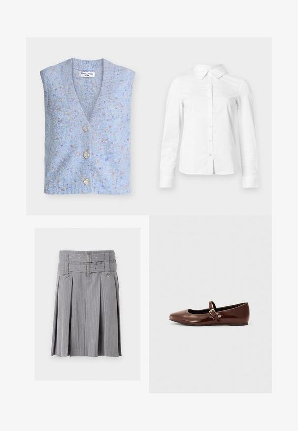 Veste tricotée bleu clair avec un col en V, quatre boutons et un tissu texturé présentant des motifs multicolores dispersés.; Chemise blanche à manches longues avec boutons, col pointu, ourlet droit et silhouette ajustée, présentée sur un fond clair uni.; Jupe plissée grise à fines rayures avec double ceinture et détails de boucles argentées, présentant des accents anneaux en D à la taille.; Ballerine en cuir verni marron avec un bout carré et une lanière ornée d'une petite boucle dorée. Texture lisse, talon bas et design minimaliste.