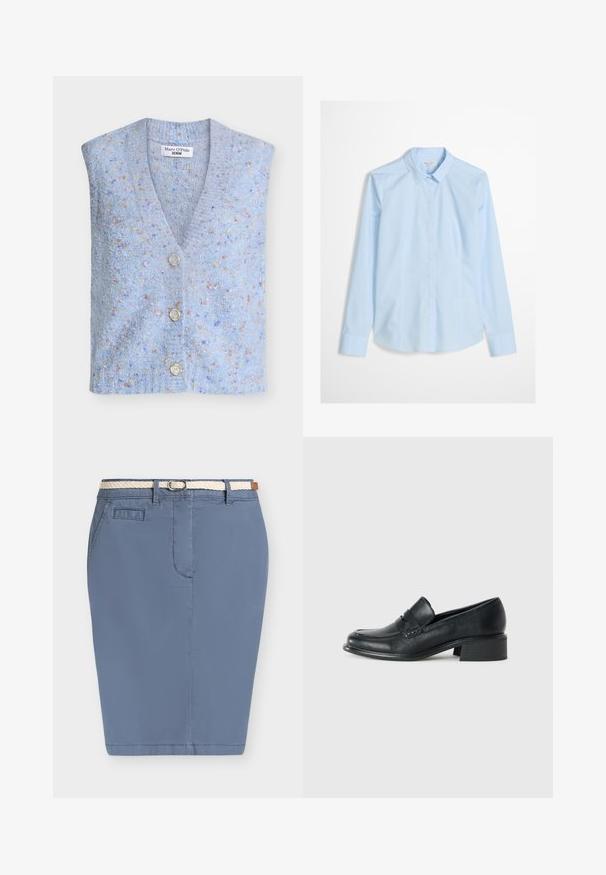 Veste tricotée bleu clair avec un col en V, quatre boutons et un tissu texturé présentant des motifs multicolores dispersés.; Chemise bleu clair à manches longues, col classique, avec un logo discret brodé sur la poitrine. Tissu lisse et net.; Jupe bleue longueur genoux avec ceinture tressée blanche, poche avant et passants de ceinture sur un fond clair uni.; Mocassins en cuir noir avec un petit talon carré, présentant un bout de style mocassin et une broderie décorative sur le cou-de-pied.