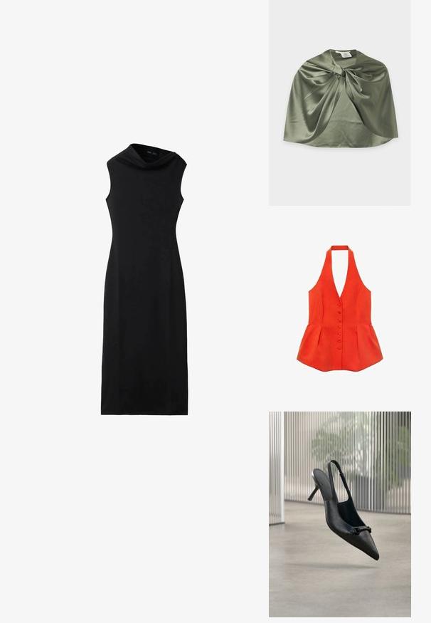 Rød halterneck-top med tætsiddende liv, frontknapper og peplum-søm. Lavet af tekstureret stof med glatte linjer og et rent design.; Ærmeløs sort midikjole med høj hals og en lige, slank pasform.; Sort tekstureret læder slingback højhælet sko med spids tå og lille dekorativ spænde, svævende over en glat gulv.; Skinnende olivengrøn satin kappe med en samlet knudedetalje ved halsudskæringen, vist fladt på en lys baggrund.