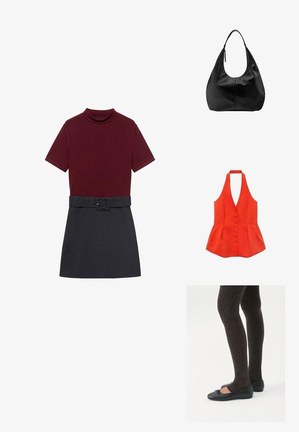 Rød halterneck-top med tætsiddende liv, frontknapper og peplum-søm. Lavet af tekstureret stof med glatte linjer og et rent design.; Burgunderkortærmet top med høj hals, parret med en mørkegrå nederdel. Inkluderer et matchende bælte i taljen til justering.; Ben iført mørke ribbede leggings kombineret med sorte balletsko med små sløjfedetaljer på hvid baggrund.; Sort læder slouchy hobo-håndtaske med en enkelt bred rem og en lynlåsdetalje på en ensfarvet hvid baggrund.