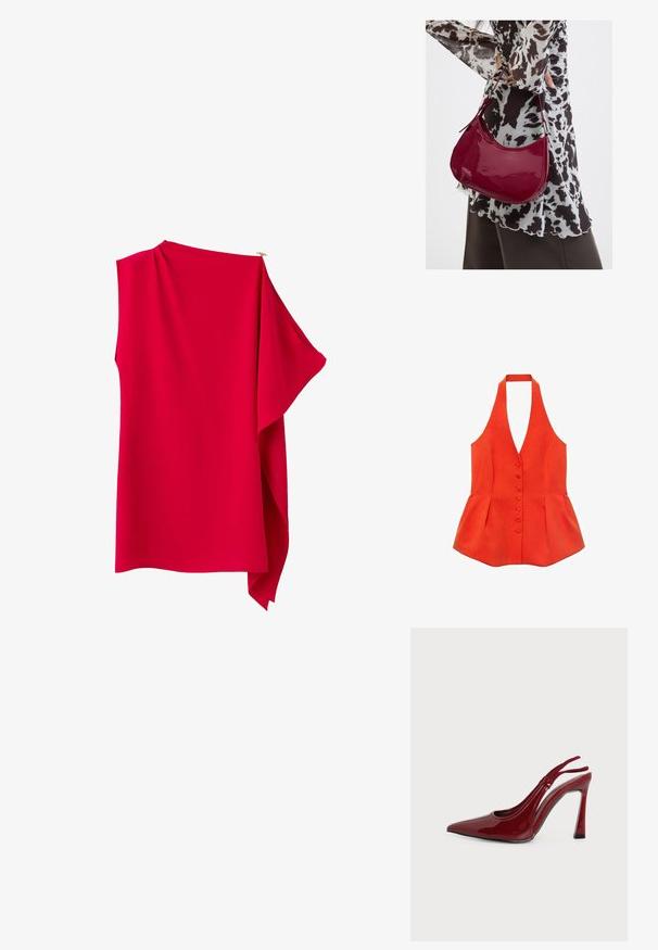 Rode top met halternek en een getailleerde pasvorm, voorknopjes en een peplumzoom. Gemaakt van textiel met structuur, met een vloeiende lijn en een strak ontwerp.; Asymmetrische felrode mouwloze top met gedrapeerde stof die vanaf één schouder hangt tegen een witte achtergrond.; Glanzend donkerrode dameshooghakken slingback schoen met spitse neus en dunne, gebogen hak op witte achtergrond.; Vrouw met een zwart-wit gebloemde blouse houdt een glanzende rode schoudertas vast tegen een effen achtergrond.