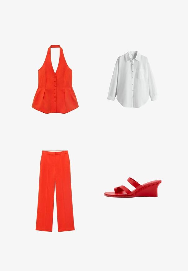 Rød halterneck-top med tætsiddende liv, frontknapper og peplum-søm. Lavet af tekstureret stof med glatte linjer og et rent design.; Hvid langærmet skjorte med knapper, krave og brystlomme, vist på en ensfarvet hvid baggrund.; Røde vidde bukser med skræddersyet design, der har en flad front, to sidelommer og en glat tekstur. Ideelle til formelt eller afslappet brug.; Rød kilehæl sandal med to remme, åben tå og mellem hælhøjde, vist fra siden på en hvid baggrund.