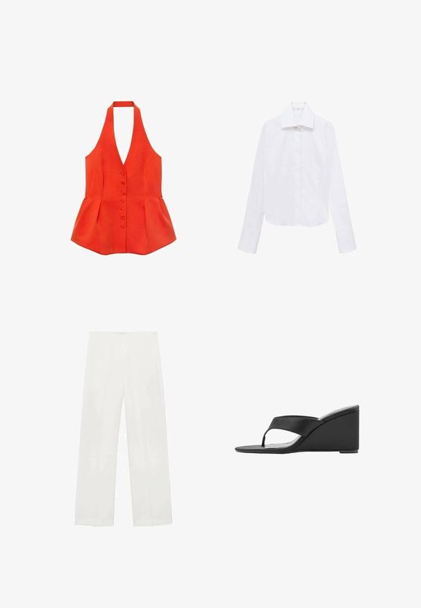 Rød halterneck-top med tætsiddende liv, frontknapper og peplum-søm. Lavet af tekstureret stof med glatte linjer og et rent design.; Hvid cropped skjorte med lange ærmer, spids krave og knaplukning foran. Lavet af glat, lette stoffer. Ingen synlige mønstre eller accenter.; Bredde bukser i hvidt stof har en glat tekstur, rene linjer og en diskret glans, uden synlig hardware eller mønstre.; Sort kile-sandal med bred rem og tå-split, med høj hæl og åben tå-design.