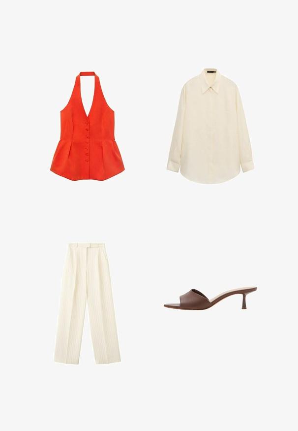 Rød halterneck-top med tætsiddende liv, frontknapper og peplum-søm. Lavet af tekstureret stof med glatte linjer og et rent design.; Langærmet cremefarvet skjorte med knapper, spids krave og skjult knaplukning, lagt fladt på en hvid baggrund.; Kremfarvede bukser med vide ben og tynde lodrette nålestriber, forrest med plisseringer, bæltestropper og sidelommer.; Brun læder åben tå-mule med lav, slank kittenhæl og polstret indersål, vist på hvid baggrund.