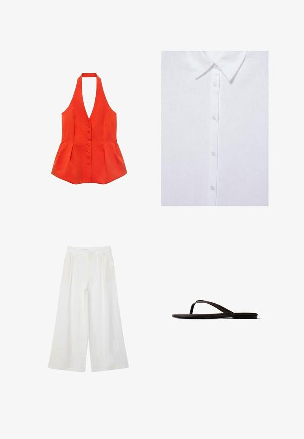 Rød halterneck-top med tætsiddende liv, frontknapper og peplum-søm. Lavet af tekstureret stof med glatte linjer og et rent design.; Hvid skjorte med knapper og klassisk krave, med fem synlige knapper foran på ensfarvet stof.; Vide hvide hørbukser med frontplisser og bæltestropper, designet til en løs, afslappet pasform.; Mørkebrun flad thongsandal med tynde stropper og enkel sål vist i sideprofil på hvid baggrund.