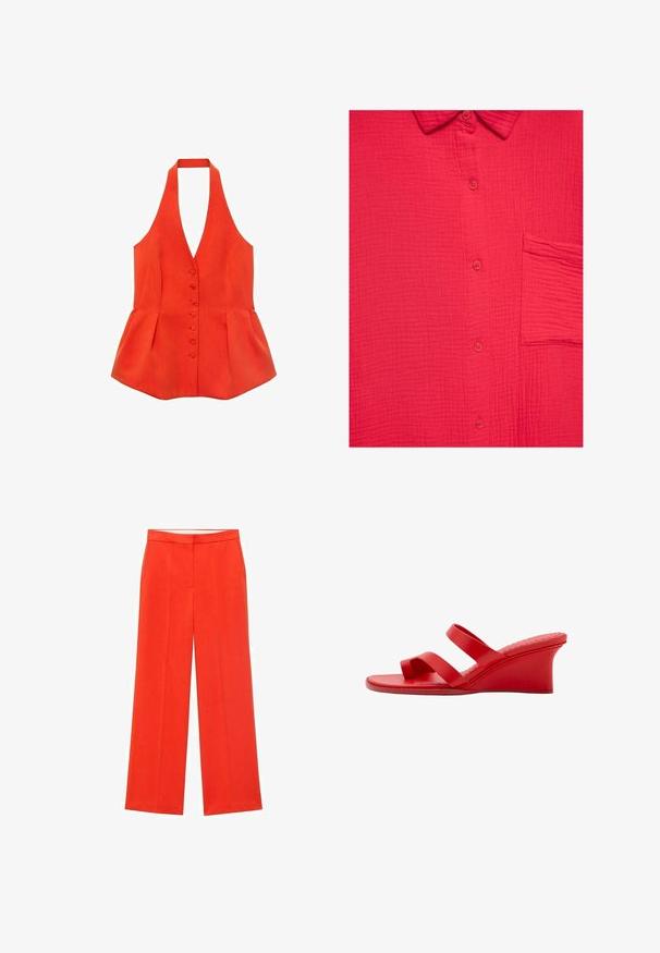 Rød halterneck-top med tætsiddende liv, frontknapper og peplum-søm. Lavet af tekstureret stof med glatte linjer og et rent design.; Rød tekstureret skjorte med krave og en enkelt brystlomme på højre side.; Røde vidde bukser med skræddersyet design, der har en flad front, to sidelommer og en glat tekstur. Ideelle til formelt eller afslappet brug.; Rød kilehæl sandal med to remme, åben tå og mellem hælhøjde, vist fra siden på en hvid baggrund.