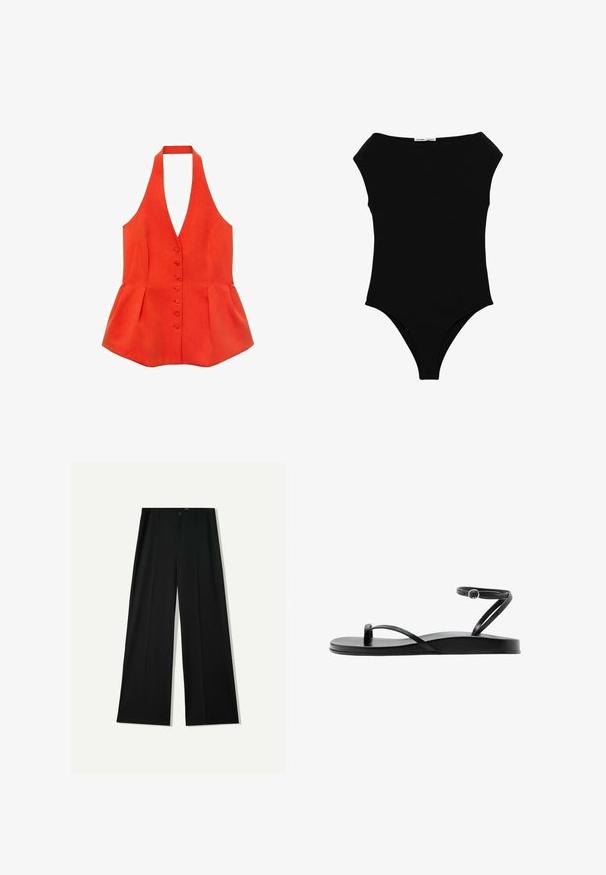 Rød halterneck-top med tætsiddende liv, frontknapper og peplum-søm. Lavet af tekstureret stof med glatte linjer og et rent design.; Sort ærmeløs bodysuit med bred bådudskæring og højtskårede benåbninger, vist fladt på hvid baggrund.; Bershka WIDE - Bukser - black; Sort flad sandal med tynde remme, tåloop og anklerem med en lille rund spænde, vist i sideprofil.