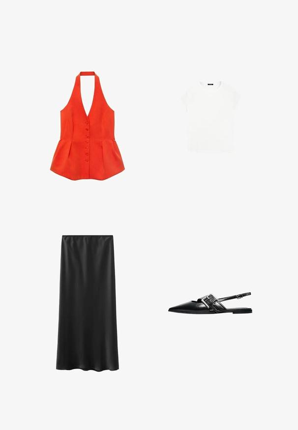 Rød halterneck-top med tætsiddende liv, frontknapper og peplum-søm. Lavet af tekstureret stof med glatte linjer og et rent design.; Hvid bomulds t-shirt med rund halsudskæring og korte ærmer. Enkel design, ingen mønstre eller accenter. Blød, glat tekstur.; Sort, gulvlængde nederdel lavet af glat, let materiale, med elastik i taljen og et enkelt design. Ingen synlige mønstre eller detaljer.; Sort læder flad sko med spids tå, bred spænde rem og tynd justerbar ankelrem.