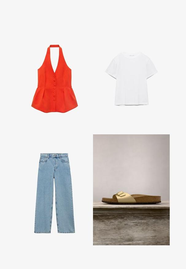 Rød halterneck-top med tætsiddende liv, frontknapper og peplum-søm. Lavet af tekstureret stof med glatte linjer og et rent design.; Hvid, kortærmet T-shirt med rund hals og lige kant, vist på en hvid baggrund.; Mango Jeans Relaxed Fit - blue; Gyldne syntetiske slidesandaler med en enkelt rem og spændeaccent, der har en brun korksål og en tekstureret gummisål.