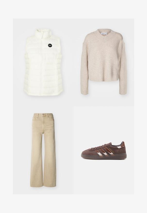 Biela nafukovacia vesta s vysokým golierom a předným zipsom. Obsahuje šité obdélníkové sekcie a čierne kruhové logo na ľavej hrudi.; Weekday REESE V NECK - Svetrík - light mole; Béžové rifle s vysokým pásom a širokými nohavicami, predným gombíkom a zipsom, vreckami vpredu aj vzadu a pútkami na opasok na bielom pozadí.; Hnedá semišová teniska Adidas s bielymi a tmavohnedými pruhmi, nízkym profilom podrážky a zlatým nápisom "Spezial" na boku.