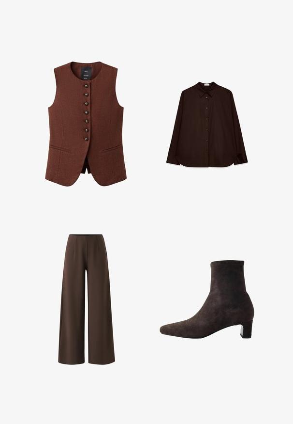 Chaleco sin mangas de color marrón con escote redondeado, botones en el frente y dos bolsillos laterales, confeccionado en tela texturizada.; Camisa marrón de botones con cuello clásico, mangas largas y corte recto. Textura suave y diseño minimalista sin patrones.; Pantalones marrones de pierna ancha y cintura alta con líneas limpias y textura de tela suave, mostrados sobre un fondo blanco.; Botín de ante marrón oscuro con tacón bajo tipo bloque y punta puntiaguda, vista lateral sobre fondo blanco.