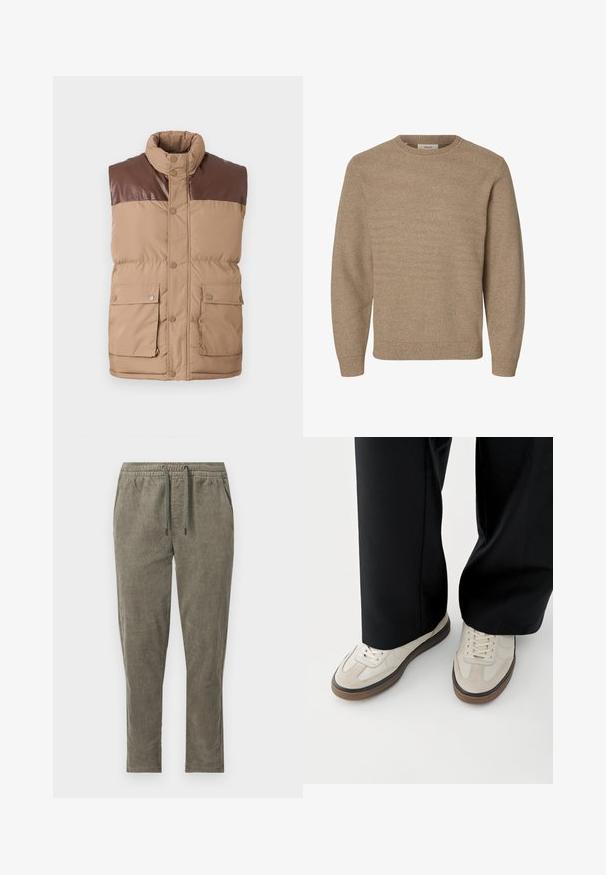 Pruun sansleeve puffer vest faux nahkakrae, nööbiklihi ja kaks eesmist taskut. Pehme tekstuur, polsterdatud isolatsioon.; Beež pikkade varrukatega kootud kampsun ümara kaelusega ja soonikkoes mansettide ning alläärega, esitatud valgel taustal.; Oliveerohked sametpüksid elastse vöö ja paelaga, küljetaskute ja sirgete säärtega.; Jalad, mis kannavad beeži värvi tossusid pruunide talladega ja mustasid laiade säärega pükse valgel taustal.