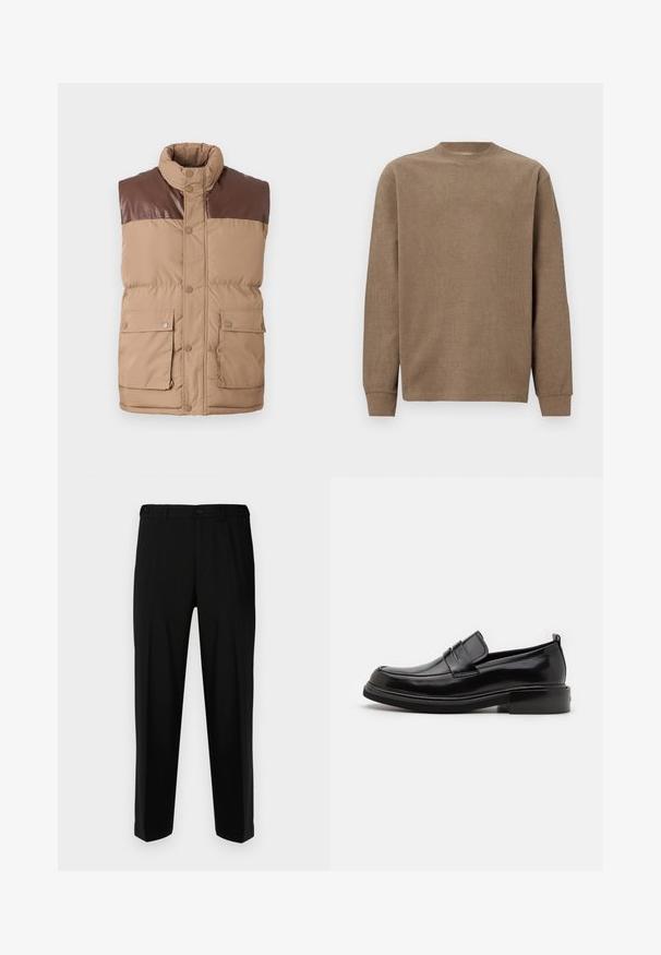 Gilet sans manches en doudoune marron avec un empiècement en simili cuir, fermeture à boutons-pression et deux poches avant. Texture douce, isolation rembourrée.; Pull en maille côtelée marron à manches longues avec un col rond et des poignets ajustés. Texture douce et design simple, adapté pour un style décontracté.; Pantalon noir en tissu lisse, présentant une coupe droite, deux poches avant et une fermeture à glissière avec bouton.; Calvin Klein MOCCASIN - Mocassins de ville - black