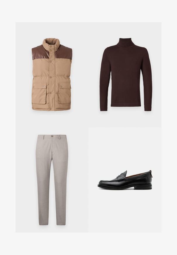 Brun ærmeløs puffervest med en faux læder yoke, trykknaplukning og to forlommer. Blød tekstur, polstret isolering.; Mørkebrun langærmet turtleneck-sweater med slim fit, vist på en ensfarvet hvid baggrund.; Lys grå skræddersyede bukser med et subtilt ternet mønster, lige ben design, lynlås foran og en enkelt knaplukning. Glat stofstruktur.; Sort læder herre loafer med moc-tå syning, penny strop, struktureret krave og lav stablet hæl på hvid baggrund.