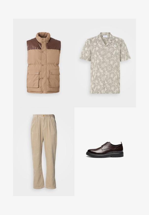 Chaleco sin mangas acolchado marrón con pechera de cuero sintético, cierre de botones a presión y dos bolsillos frontales. Textura suave y aislamiento acolchado.; Camisa de manga corta en color beige claro con un patrón de encaje floral, botones en la parte delantera y un diseño de cuello clásico.; Pantalones de pana beige con una silueta de pierna recta, que cuentan con pliegues en la cintura y un cierre frontal de botón. Superficie texturizada.; Zapato de cuero marrón con cordones, de diseño elegante, punta redonda, suela de goma negra en contraste y costuras mínimas visibles.