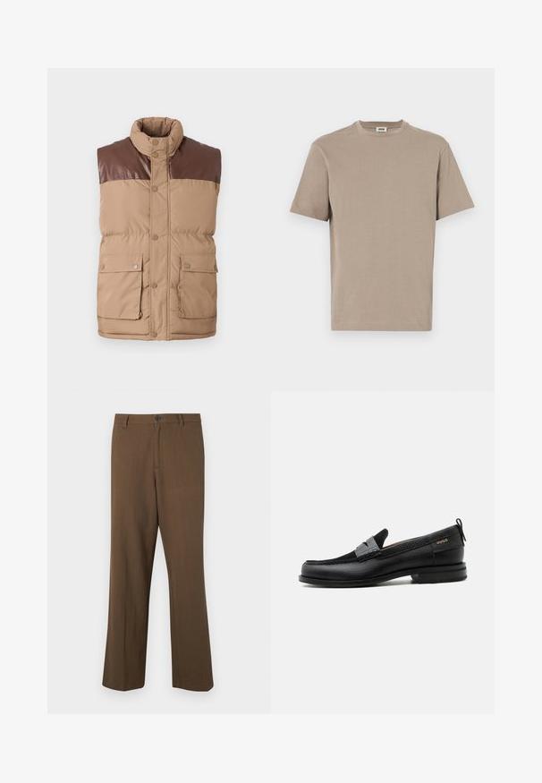 Gilet sans manches en doudoune marron avec un empiècement en simili cuir, fermeture à boutons-pression et deux poches avant. Texture douce, isolation rembourrée.; T-shirt en coton beige avec un col rond, des manches courtes et un ourlet droit. Texture lisse, design minimal, sans graphiques ni accents visibles.; Pantalons marron à jambes droites en tissu texturé, avec une fermeture à bouton et une taille standard, dotés de poches latérales et de coutures ajustées.; Mocassin en cuir noir avec détail de bride grise, talon bas et semelle texturée, marqué "HUGO" en or sur le côté.