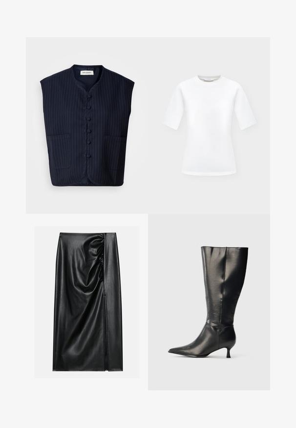 Donkerblauwe mouwloze vest met een streeppatroon, knoopsluiting aan de voorkant, mandarin kraag en twee voorzakken. Zachte stof, gestructureerde vorm.; Effen wit T-shirt met korte mouwen en ronde hals met rechte zoom, getoond op een neutrale lichtgrijze achtergrond.; Zwarte leren rok met een soepele textuur, voorzien van een geplooid gedeelte aan één kant en een zijspleet voor extra detail.; Zwarte leren kniehoge laars met puntige neus en lage kittenhak, weergegeven op een effen lichte achtergrond.