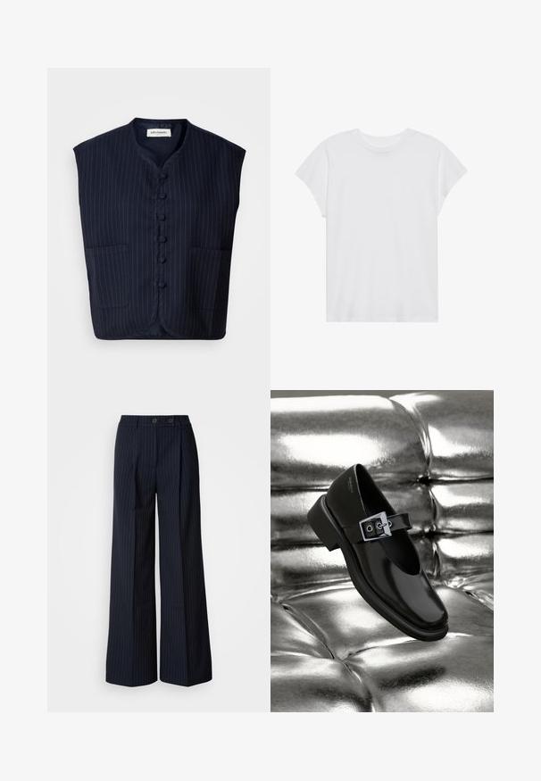 Donkerblauwe mouwloze vest met een streeppatroon, knoopsluiting aan de voorkant, mandarin kraag en twee voorzakken. Zachte stof, gestructureerde vorm.; Witte t-shirt met korte mouwen, ronde hals, relaxte pasvorm, gemaakt van zacht katoen. Glad textuur, geen patronen of logo's.; Marineblauwe pinstriped wijde broek met twee voorknoopsluiting, op maat gemaakt ontwerp, vouw aan de voorkant en een soepele textuur.; Zwarte leren Mary Jane-schoenen met een vierkante neus, een zilveren gesp accent en een chunky lage hak, tegen een glanzende zilveren achtergrond.