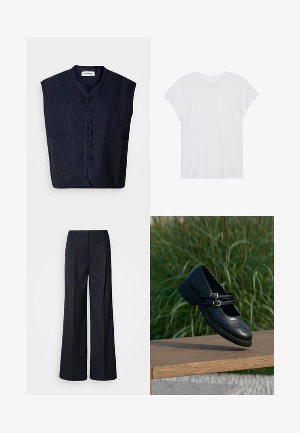 Donkerblauwe mouwloze vest met een streeppatroon, knoopsluiting aan de voorkant, mandarin kraag en twee voorzakken. Zachte stof, gestructureerde vorm.; Witte t-shirt met korte mouwen, ronde hals, relaxte pasvorm, gemaakt van zacht katoen. Glad textuur, geen patronen of logo's.; Wijde broekspijpen in donker marineblauw, gemaakt van gladde stof. Voorzien van een getailleerde tailleband en voorplooien, ontworpen voor een ontspannen pasvorm.; Zwarte leren Mary Jane-schoen met dubbele gespsluitingen en brogue-details, zwevend boven een houten bankje met groene grasachtergrond.